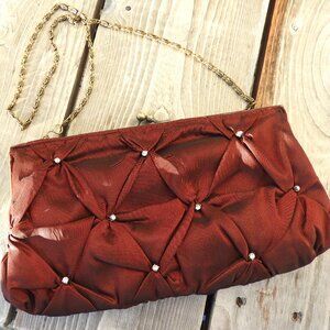 Vintage, PRE-Owned Deep Red Soft Taffeta Clutch Bag with Rhinestone Trim